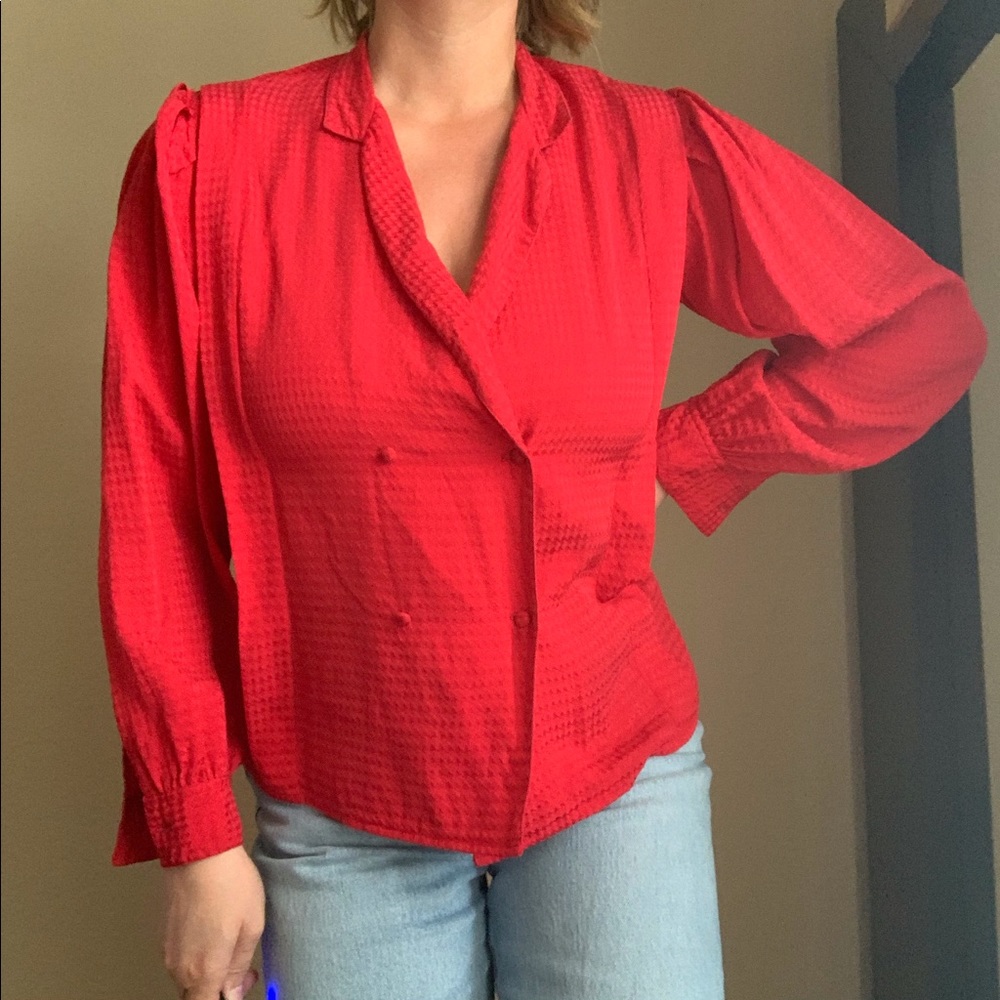 VINTAGE Red Long Sleeve Silk Button Down